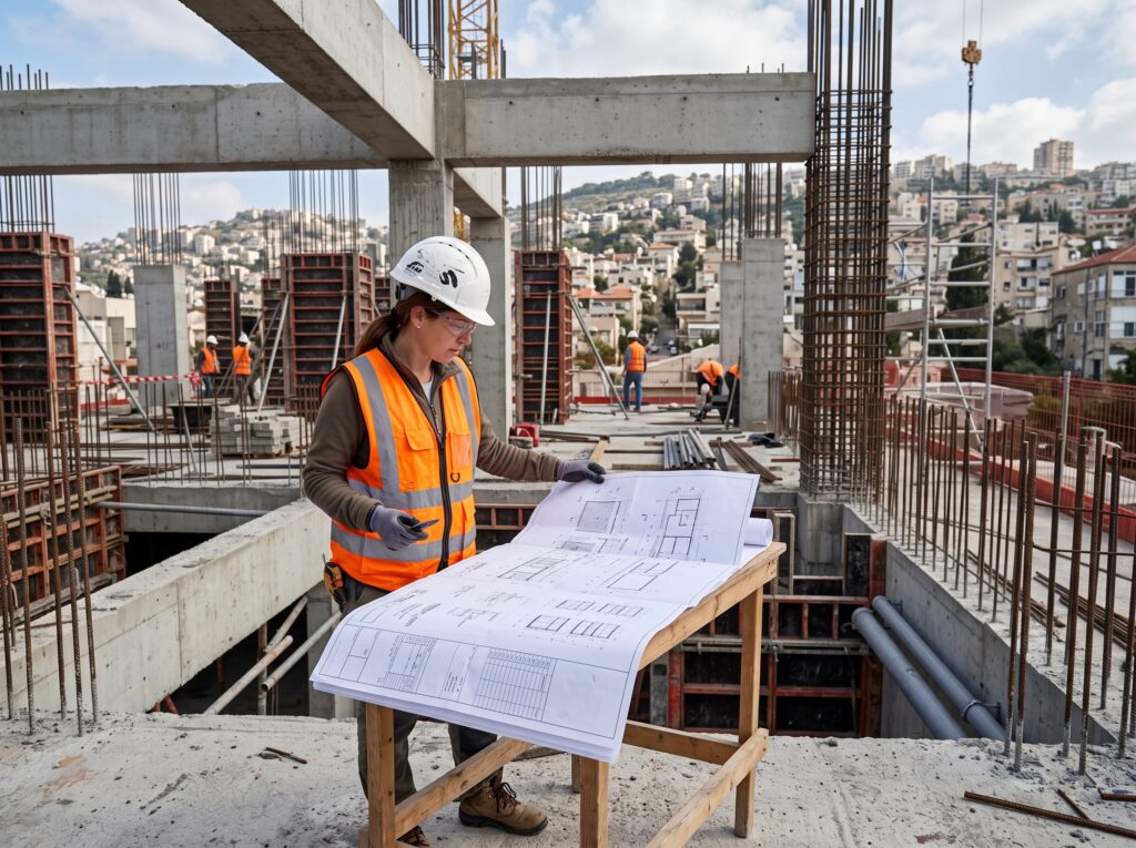 מהנדס קונסטרוקציה בודק תוכניות באתר בנייה בחיפה, עם דגש על יסודות המבנה והשלד.