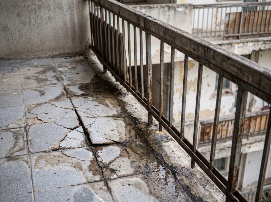ריצוף סדוק עם סימני רטיבות ומעקה מרפסת נמוך מדי, הממחישים ליקויי בנייה נפוצים וסכנות בטיחותיות.