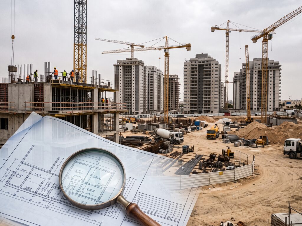 אתר בנייה פעיל בבאר שבע עם מנופים ובניינים חדשים, המדגיש את תנופת הבנייה באזור הדרום ואת הצורך בבדיקות מקצועיות.
