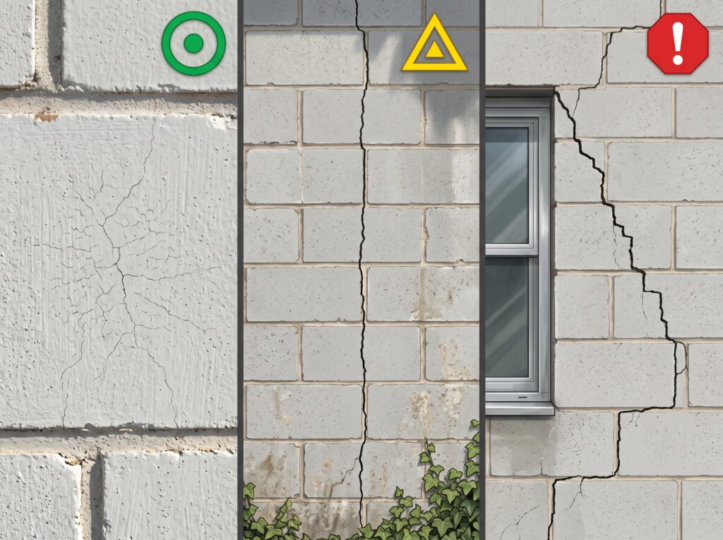המחשה ויזואלית של סוגי סדקים שונים: נימי, אופקי/אנכי ואלכסוני, עם סימון רמת סיכון