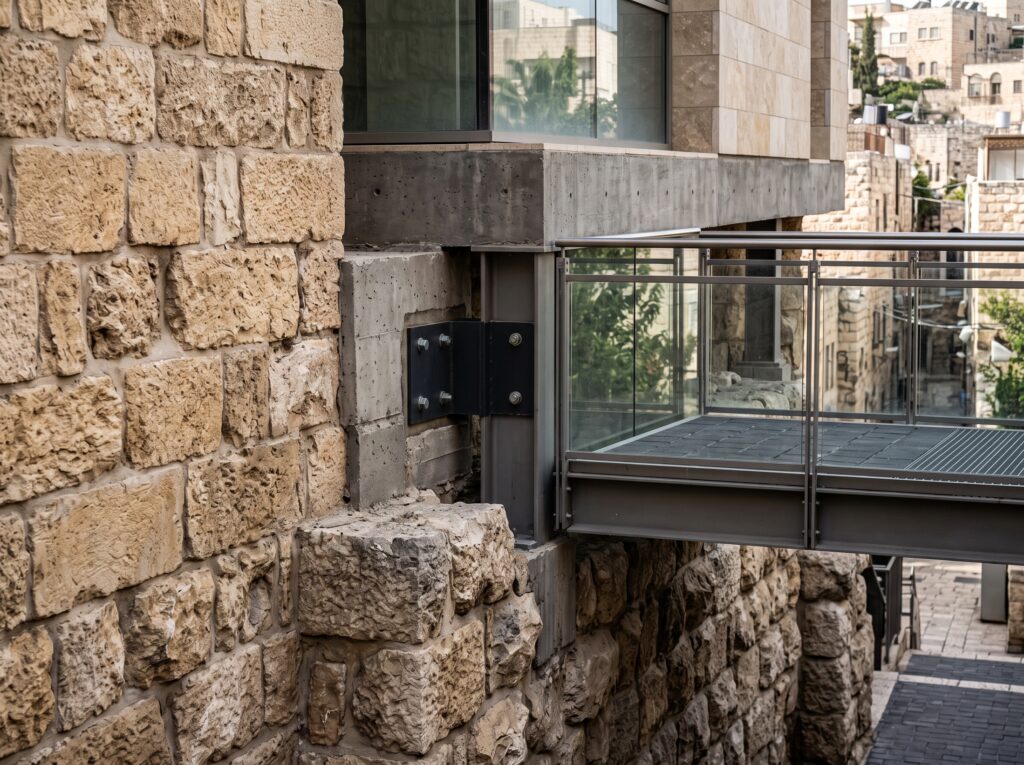 קיר אבן ירושלמית מסיבי המדגיש את האתגרים ההנדסיים הייחודיים של העיר.