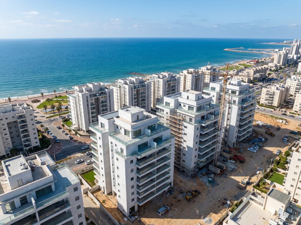 בניין מגורים חדש בעיר חוף בדרום ישראל, עם הים התיכון ברקע, הממחיש את אתגרי הבנייה באזור
