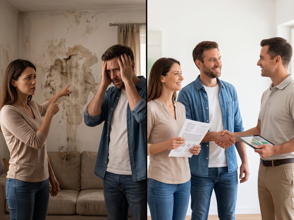 השוואה ויזואלית בין שירות בדק בית סטנדרטי לשירות פרימיום עם אפס סיכון כספי